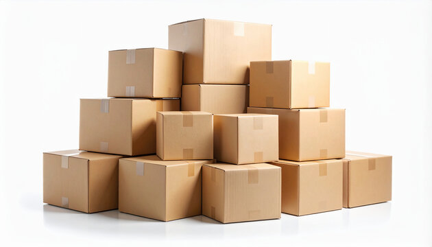 Pyramid of cardboard boxes on bright white background, taped and brandless, studio scene with copy space; ideal for ecommerce, fulfillment, logistics, moving, shipping and delivery concepts.