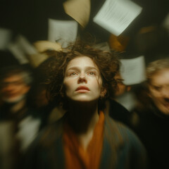 A young woman with tousled hair stands in the center of the frame, looking up as sheets of paper swirl in the air around her.
