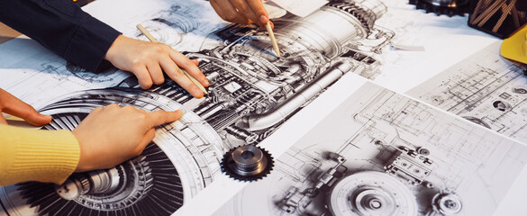 Group of hands actively collaborating on technical drawings of engine components, showcasing creativity and teamwork in a detailed design process with tools and equipment. SACTR