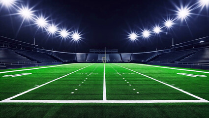 An empty football stadium at night with bright floodlights illuminating the lush green field