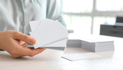 Person holding a stack of blank business cards.
