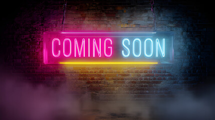 Coming Soon neon sign on brick wall at night – glowing colorful retro light, urban grunge, wet street reflection, announce banner for new store, site launch, event promo background