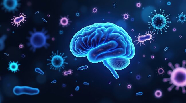 Glowing blue brain surrounded by microscopic organisms and viruses - Powered by Adobe