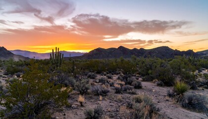 Colorful sunset over a desert landscape.