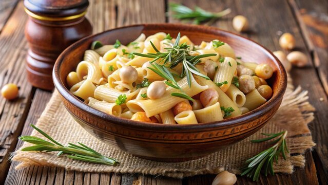 Lagane e Ceci &ndash; wide pasta strips, chickpeas, garlic rosemary sauce, rustic pottery bowl.