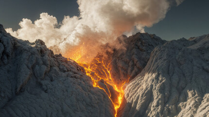 Fototapeta premium Molten Lava Flow Meets the Ocean at Sunset – Dramatic Volcanic Eruption Scene