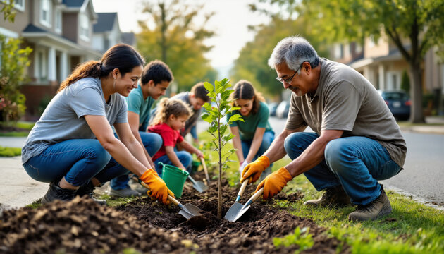 Multiethnic group including middle aged Caucasian man, young adult Hispanic woman, teenagers and child planting tree together on suburban street, all focused on gardening activity