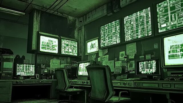 Mysterious Data Control Center in a Dystopian Surveillance State Era with Old Monitors