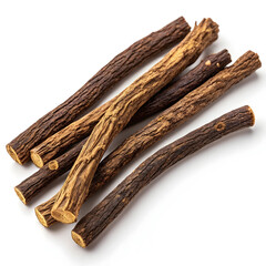 Dried licorice root pieces isolated on white background, used in herbal medicine, natural sweeteners,