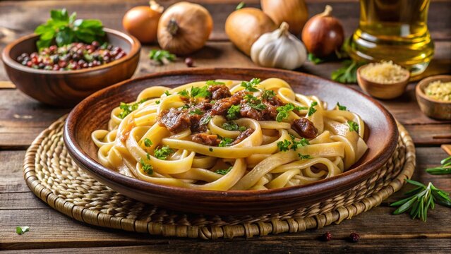 Bigoli in Salsa &ndash; thick pasta, anchovy onion sauce, black pepper, rustic Veneto table setting.