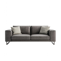 Modern grey leather sofa with two light textured cushions, featuring minimalist design and metal legs, perfect for contemporary living room decor and comfortable seating
