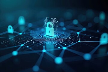 Digital padlock graphic over a network of connections.
