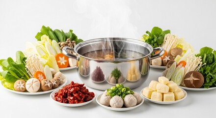 A steaming pot of hot pot broth surrounded by a variety of fresh vegetables, mushrooms, meatballs, and tofu, ready for a communal meal.