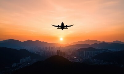 Silhouetted plane soars toward setting sun, backdrop of misty mountains and cityscape. Warm hues blend in the sky, creating a dreamy, tranquil atmosphere