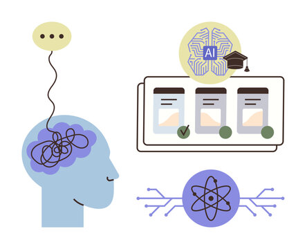 Human head with interconnected thoughts, AI decision board, and data flow. Ideal for AI, brain function, education, innovation, technology decision-making problem-solving. Simple flat metaphor