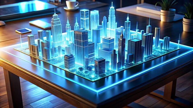 Stunning futuristic cityscape model glowing with vibrant blue light, showcasing architectural design and urban planning concepts