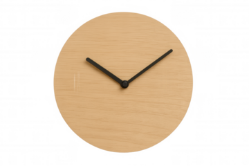 Round wooden clock with black hands indicating time against a transparent background, perfect for time management and scheduling concepts