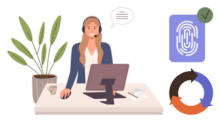 Woman at desk talking via headset, computer, notebook, fingerprint, workflow cycle, plants. Ideal for customer support, technology, communication data security workflow digital ID simplicity