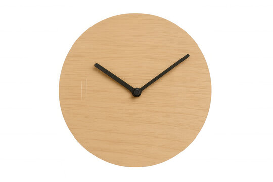Round wooden clock with black hands indicating time against a transparent background, perfect for time management and scheduling concepts