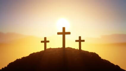 Three Crosses Silhouette at Sunset - Christian Symbolism, Faith, Hope
