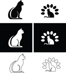 Modern pet logo icon set featuring cat designs in silhouette, flat, and outline styles on black background.