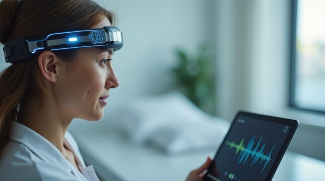 A female patient wears a wireless EEG cap connected to a tablet showing brainwave graphs, bright modern medical room, assistive communication concept
