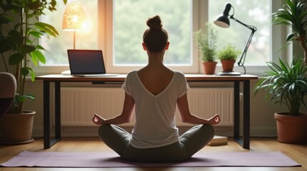 Fototapeta premium A professional meditates on a yoga mat beside a standing desk, laptop closed, soft daylight, salt lamp, and greenery creating a restorative home office corner 