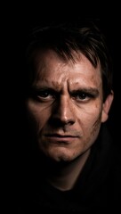 Dramatic Portrait of a Man Emerging from Darkness, Intense Gaze