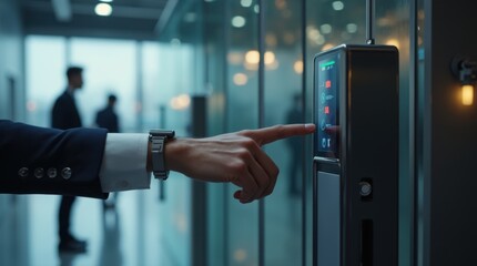 A professional man presses his finger on a sleek biometric scanner at a glass entry gate in a modern office lobby, subtle HUD cues, security access concept
