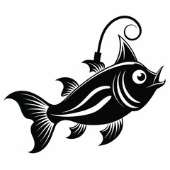 Black Anglerfish Vector Illustration Deep Sea Creature Silhouette with Bioluminescent Lure and Fins