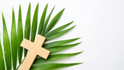 Palm Sunday - Wooden Cross with Palm Branch - Christian Symbolism