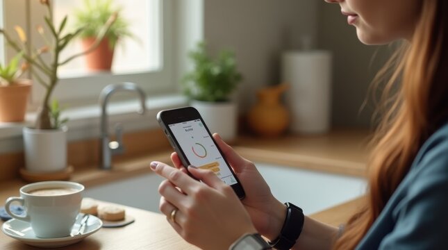 A woman reviews recovery and metabolic data on a phone while wearing a smart ring, smartwatch, and arm CGM, tidy kitchen counter and morning light
