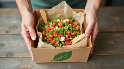 Hands open a compostable takeout box revealing fresh meal with wooden cutlery and paper wraps, green leaf icon on kraft bag, plastic-free food experience
