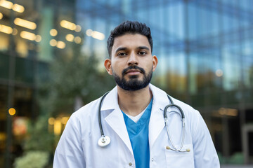 A confident medical professional stands outdoors in a modern urban setting, dressed in a white lab coat with a stethoscope, conveying dedication, expertise, and compassion in healthcare.