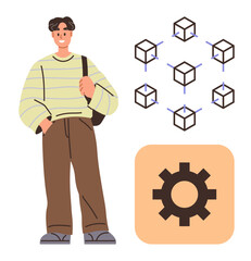 Young man wearing a striped sweater and brown pants, network blocks linked by lines, and a gear icon. Ideal for education, teamwork, innovation, networking, technology, process and creativity