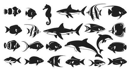 Marine Life Silhouettes: Diverse Ocean Creatures in Black and White Vector Illustration