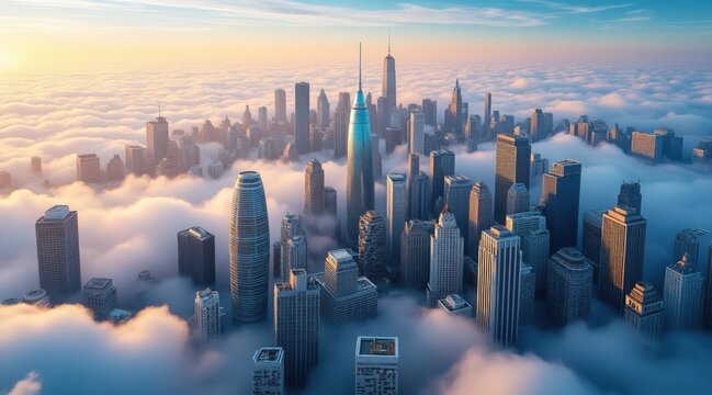 Majestic cityscape emerging from a sea of clouds at sunrise