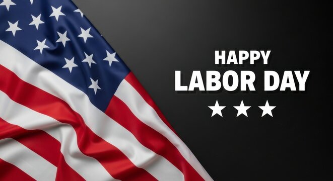 American flag with happy labor day text and three stars on a dark gray background