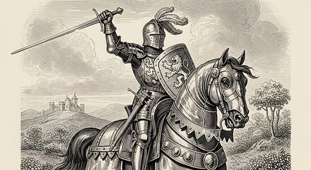 Medieval Knight on Horseback Raising Sword with Castle in Background
