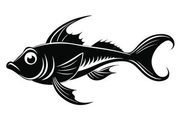 Black Stylized Fish with Spiked Fins, Tail, and Gill Arches Facing Right Side