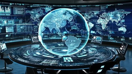 Futuristic Global Control Center Visualization with Digital Technology and Earth Globe - Powered by Adobe