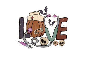 LOVE Nurse with Pumpkin, Stethoscope and Syringe Halloween Nurse Sublimation T Shirt Design  