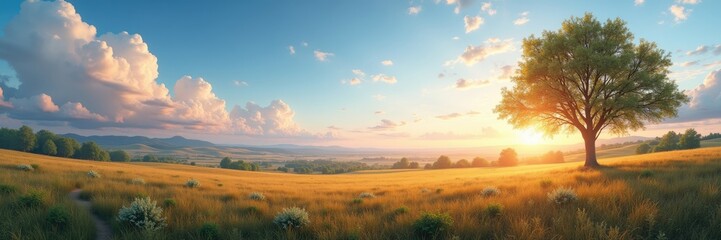 Obraz premium Golden hour landscape with a solitary tree.