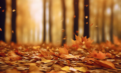 Defocused view of the colorful leaves in the autumnal park. Autumn background