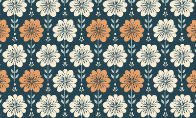 Seamless Folk Floral Pattern on a Dark Teal Background