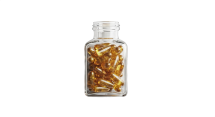 Transparent glass bottle filled with golden capsules showcasing dietary supplements for health and wellness on a clean background