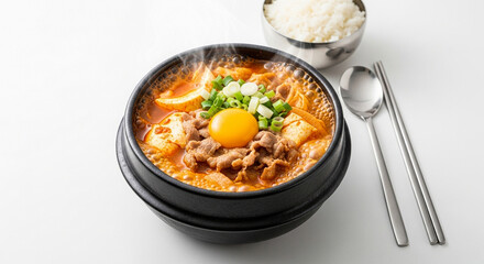 A steaming hot bowl of Korean Sundubu-jjigae, a spicy soft tofu stew with beef, kimchi, and a raw egg yolk, served with rice.
