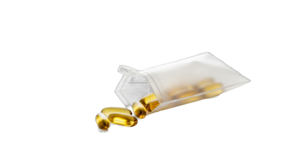 Transparent sachet with golden dietary capsules spilling out on a clean white background, highlighting health supplements and vitamins for wellness.