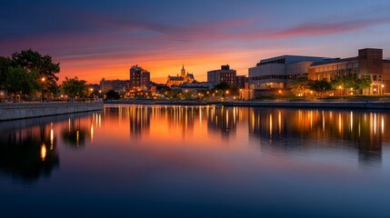 Syracuse skyline with city lights reflecting on the water at twilight