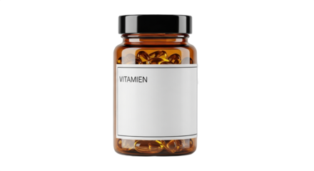 Amber glass jar filled with vitamin capsules on a plain background, ideal for health and wellness concepts in stock photography